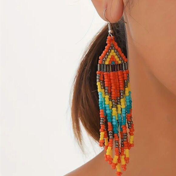 Native American-Style Beaded Tassel Fashion Earrings Orange - Picture 1 of 10